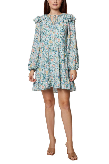 BCBG Generation Tie Neck Long Sleeve Ruffled Shoulder Multi Print Shift Crepe Dress by Curated Brands