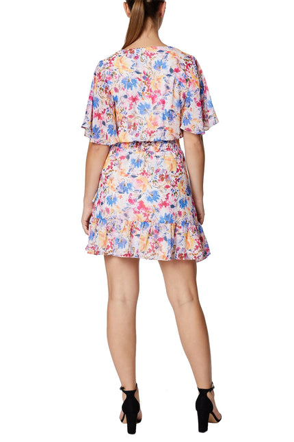 Laundry V-Neck Short Sleeve Elastic Waist Asymmetrical Tiered Floral Print Linen Dress by Curated Brands