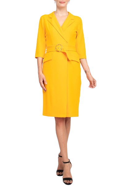 Sharagano Notched Collar 3/4 Sleeve Solid Belted Stretch Crepe Dress by Curated Brands