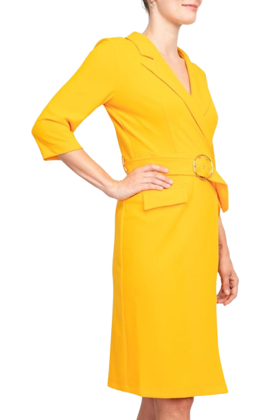 Sharagano Notched Collar 3/4 Sleeve Solid Belted Stretch Crepe Dress by Curated Brands