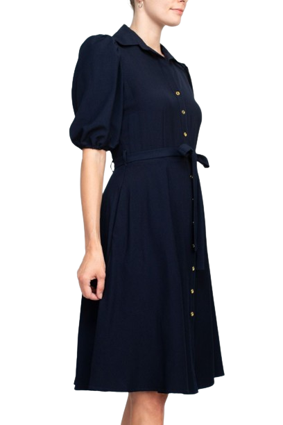 Sharagano Collared Short Sleeve Button Front Closure Tie Waist Solid Stretch Crepe Dress With Pockets by Curated Brands