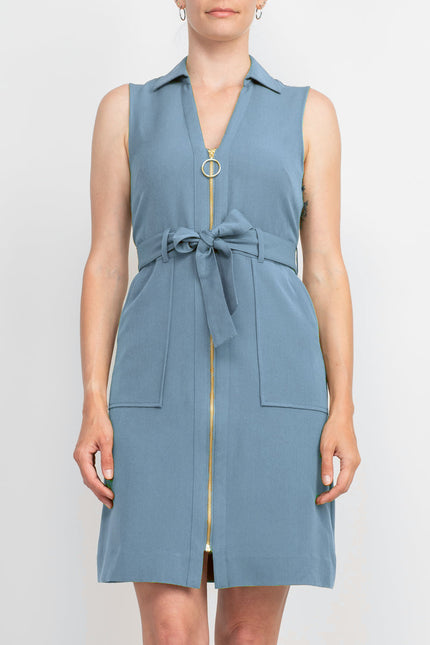 Sharagano Collared Sleeveless Zipper Front Tie Waist Solid Rayon Dress by Curated Brands