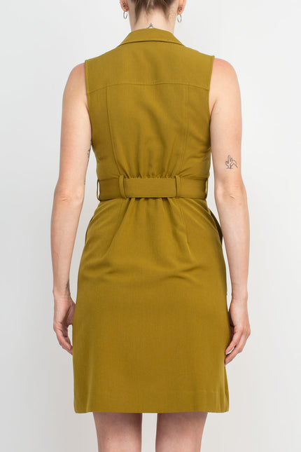 Sharagano Collared Sleeveless Zipper Front Tie Waist Solid Rayon Dress by Curated Brands
