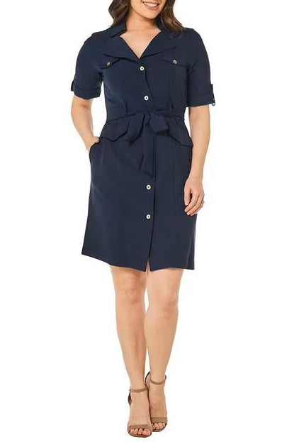 Sharagano Collared Chuffed Sleeve Button Down Belt Hoop Tie Waist Rayon Dress by Curated Brands