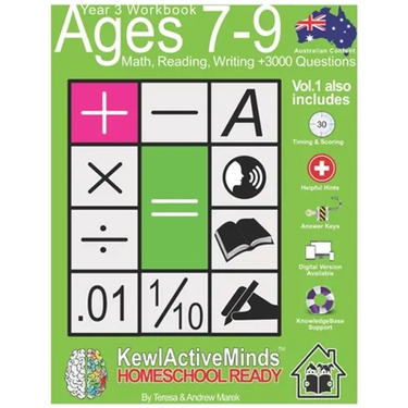 Year 3 Workbook, Ages 7-9 Math, Reading, Writing - Vol1, +3000 Questions: Australian Content, Answer Keys, Timing and Scoring, Helpful Hints & Knowled