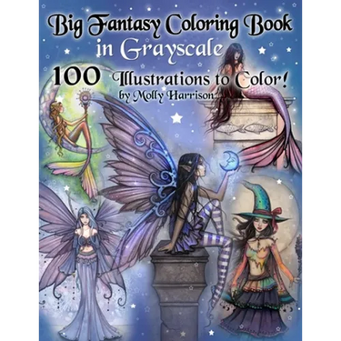 Big Fantasy Coloring Book in Grayscale - 100 Illustrations to Color by Molly Harrison: Grayscale Adult Coloring Book featuring Fairies, Mermaids, Witc