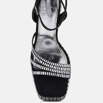 lustrous mirror embellished flare block heel sandals by London Rag