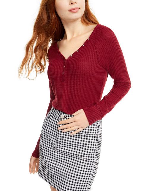 Ultra Flirt Juniors' Cozy Waffle-Knit Henley Top Wine Size Large by Steals