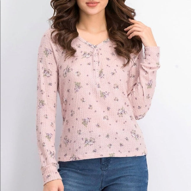 Ultra Flirt Juniors' Floral Print Waffle Texture Henley Top Pink Size Extra Small by Steals