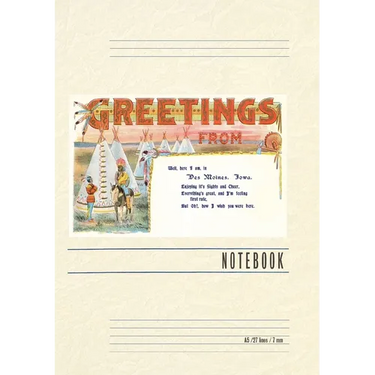 Vintage Lined Notebook Greetings from Des Moines, Tepees
