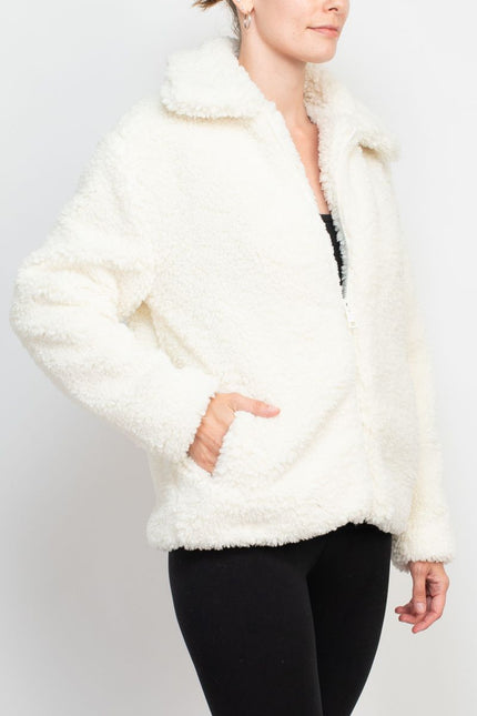 Catherine Malandrino collared V-neck long sleeve zipper front Sherpa jacket by Curated Brands