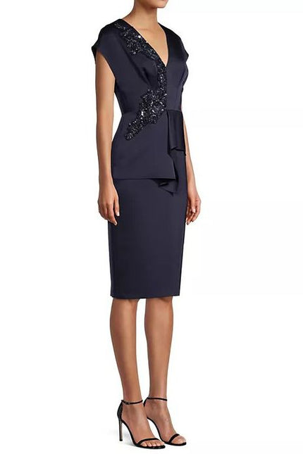 Aidan Mattox Sequin Lace Applique V-Neck Cap Sleeve Peplum Satin Dress by Curated Brands