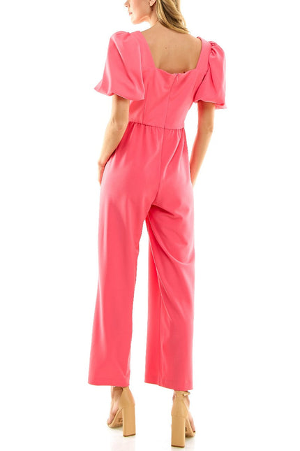 Nicole Miller Square Neck Puff Short Sleeve Ruched Zipper Back Solid Scuba Crepe Jumpsuit by Curated Brands