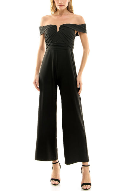 Nicole Miller Off Shoulder Ruched Front Zipper Back Solid Scuba Jumpsuit by Curated Brands