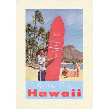 Vintage Lined Notebook Greetings from Hawaii, Long Board with Temperatures