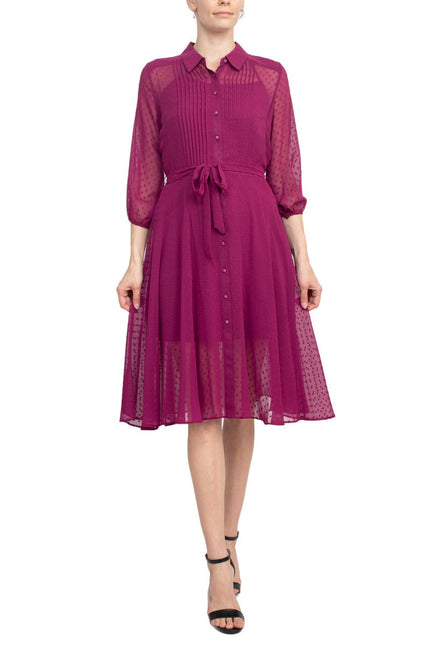 Nanette Lepore Collared 3/4 Sleeve Button Down Tie Waist Illusion Chiffon Dress by Curated Brands