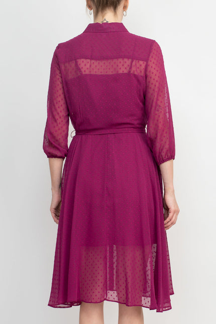 Nanette Lepore Collared 3/4 Sleeve Button Down Tie Waist Illusion Chiffon Dress by Curated Brands