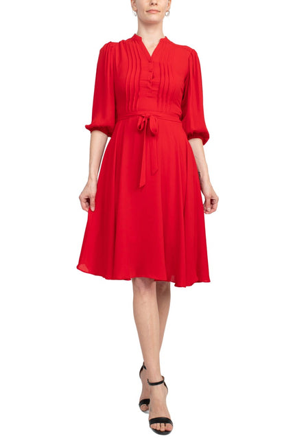 Nanette Lepore V-Neck 3/4 Sleeve Pleated Front Tie Waist A-Line Solid Crepe Dress by Curated Brands