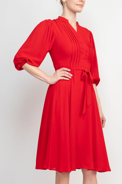 Nanette Lepore V-Neck 3/4 Sleeve Pleated Front Tie Waist A-Line Solid Crepe Dress by Curated Brands