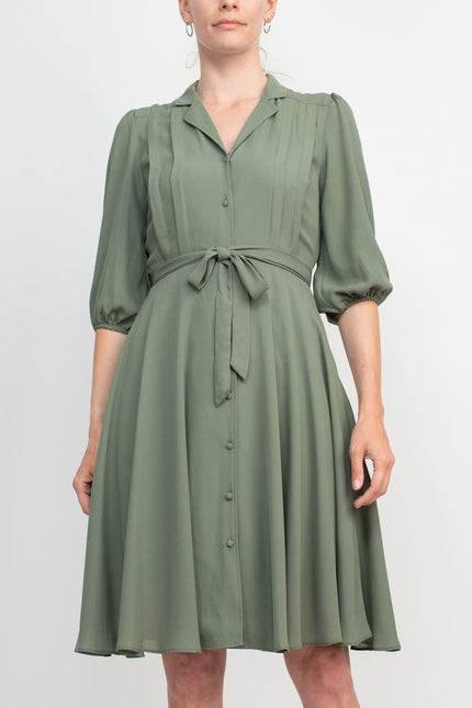 Nanette Lepore Collared Short Sleeve Pleated Tie Waist Solid Rayon Dress by Curated Brands