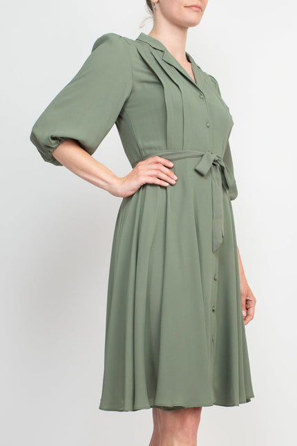 Nanette Lepore Collared Short Sleeve Pleated Tie Waist Solid Rayon Dress by Curated Brands