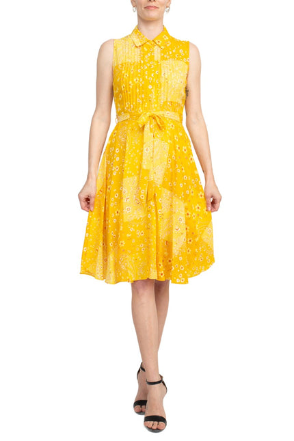 Nanette Lepore Collared Pleated Front Tie Waist Multi Print A-Line Crepe Dress by Curated Brands