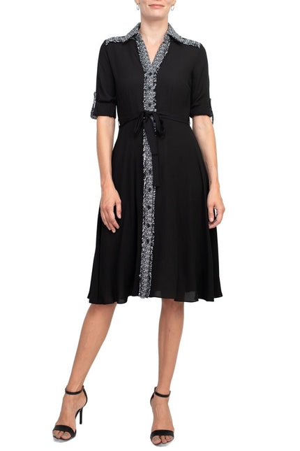 Nanette Lepore collared crochet detail button down folded sleeve tie waist chiffon dress by Curated Brands