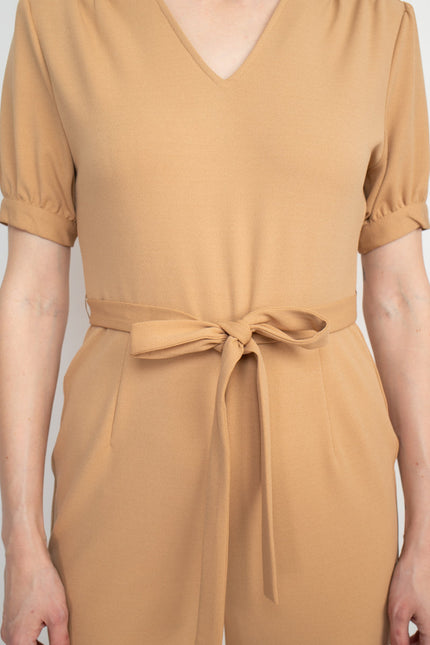 Nanette Lepore V-Neck Short Sleeve Tie Waist Solid Zipper Back Jumpsuit by Curated Brands