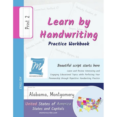 Handwriting Practice Workbook - United States of America, States and Capitals - Print, Level 2: Learn by Handwriting - Children and Adults - USSP2PE