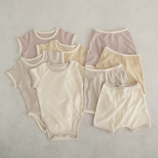 Baby Unisex Solid Color Comfy Cotton Onesies & Shorts Sets With Headband by MyKids-USA™