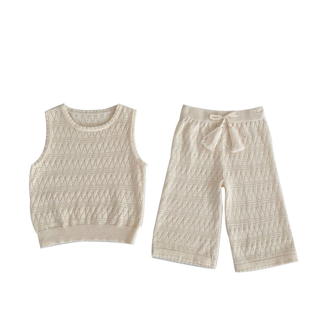 Baby Solid Color Hollow Carved Design Sleeveless Knitted Sets by MyKids-USA™