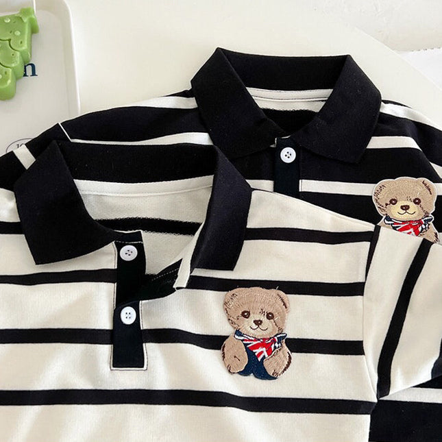 Baby Cartoon Bear Print & Striped Pattern Polo Neck Long Sleeve Romper by MyKids-USA™