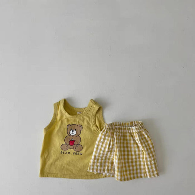 Baby Bear Print Pattern Tops With Plaid Shorts Sets by MyKids-USA™