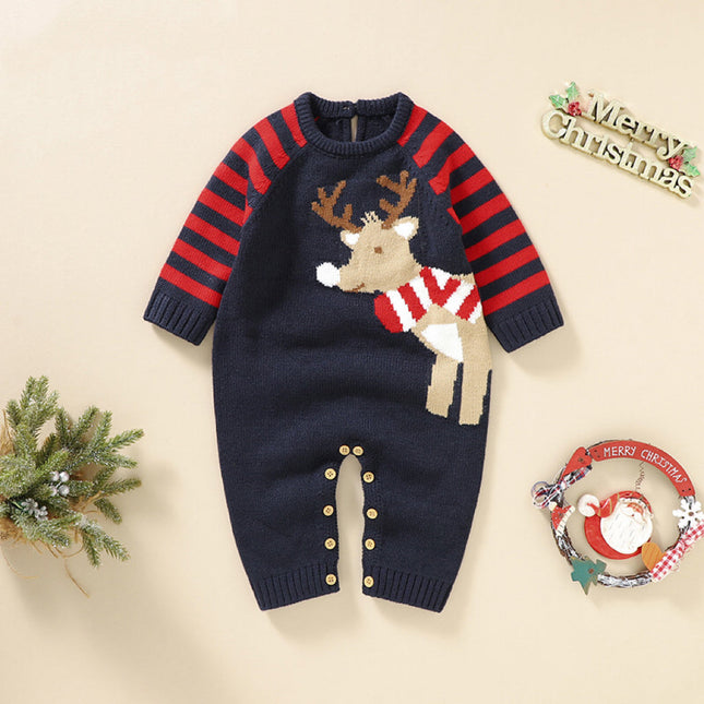Baby Cartoon Elk Graphic Side Striped Sleeve Knitted Romper by MyKids-USA™