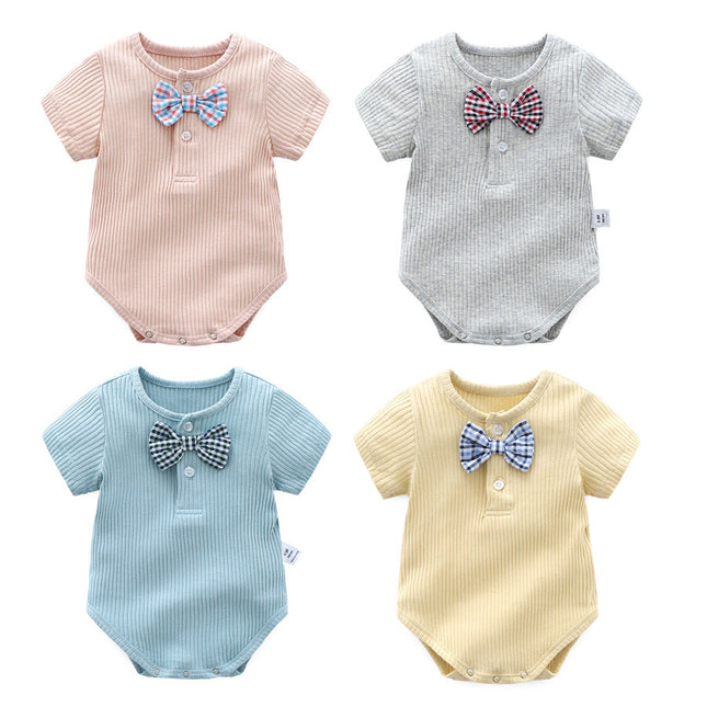 Baby Boy And Girl Solid Color Bow Tie Design Short Sleeve Buttoned Onesies by MyKids-USA™