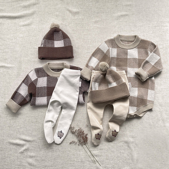 Baby Plaid Graphic Long Sleeve Crewneck Knit Thickened Onesies by MyKids-USA™