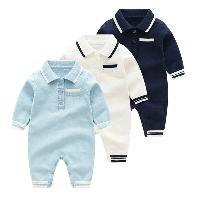 Baby Solid Color Quarter Button Design Lapel Knitted College Style Rompers by MyKids-USA™