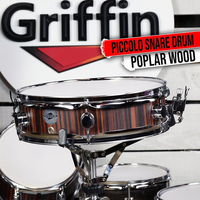 Piccolo Snare Drum 13" x 3.5" by GRIFFIN - 100% Poplar Wood Shell Black Hickory Finish & Drum Head by GeekStands.com