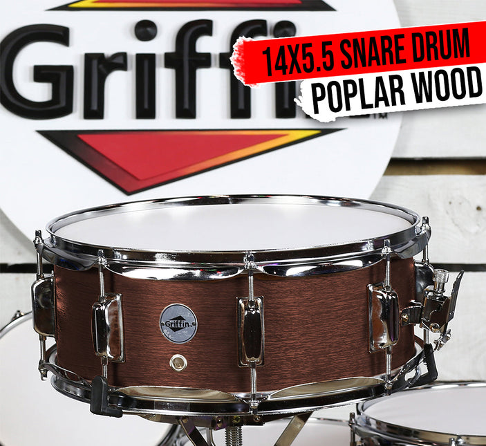GRIFFIN Snare Drum - Poplar Wood Shell 14" x 5.5" with Flat Hickory PVC - 8 Metal Tuning Lugs by GeekStands.com