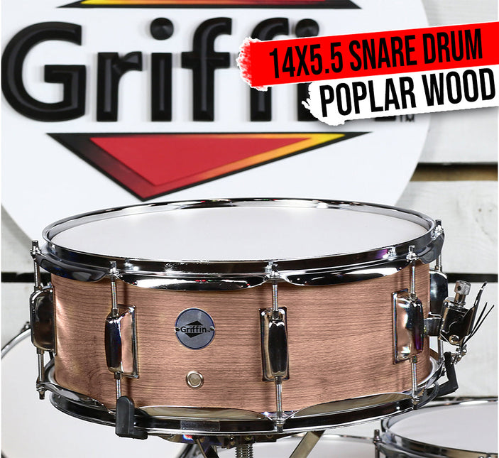 Oak Wood Snare Drum by GRIFFIN - PVC on Poplar Wood Shell 14" x 5.5" - Percussion Musical Instrument by GeekStands.com