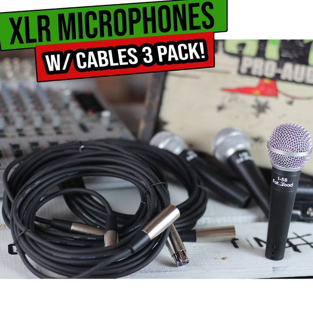 Dynamic Vocal Microphones with XLR Mic Cables & Clips (3 Pack) by FAT TOAD - Cardioid Handheld by GeekStands.com