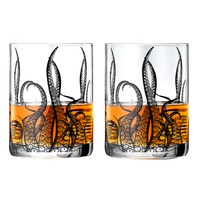 Octopus Tentacle Whiskey Glassware | Set of 2 | 9 OZ Handmade Craft Beer, Cocktail, Water, Bar Rock Glass - Kraken Tumbler Gift Set, Old Fashioned Rocks Glasses, Antique Design Extraordinary Detail by The Wine Savant