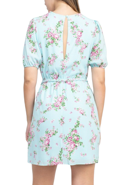 Sage Collective Crew Neck Short Sleeve Tie Waist Keyhole Back Floral Print Crepe Dress by Curated Brands