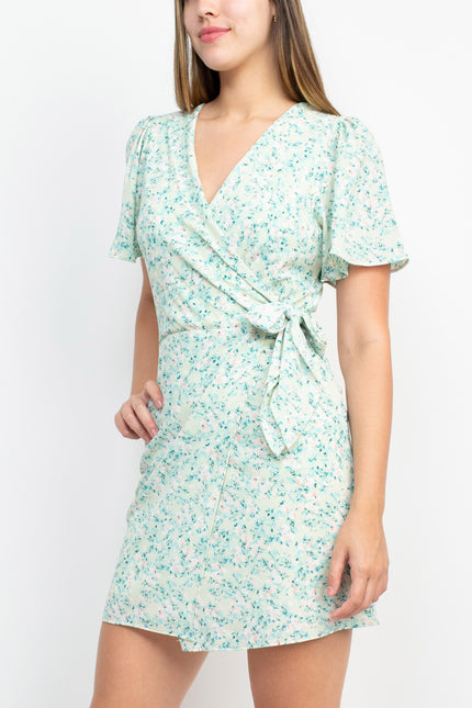 Sage Collective V-Neck Mock Wrap Tie Side Short Sleeve Zipper Back Floral Print Crepe Dress by Curated Brands