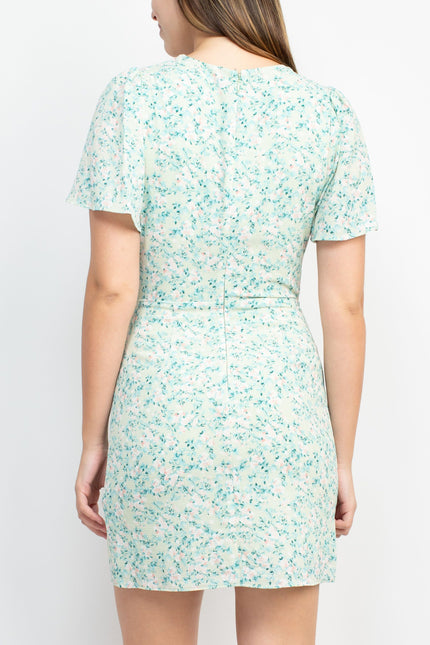 Sage Collective V-Neck Mock Wrap Tie Side Short Sleeve Zipper Back Floral Print Crepe Dress by Curated Brands