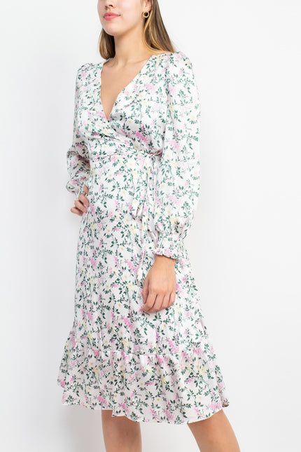 Sage Collective V-Neck Tie Side Long Sleeve Ruffled Cuff And Sleeve Floral Print Satin Dress by Curated Brands