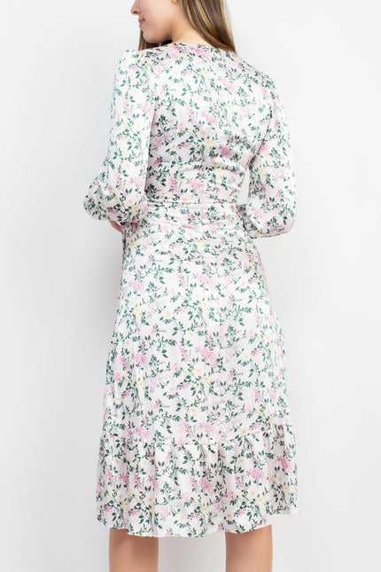 Sage Collective V-Neck Tie Side Long Sleeve Ruffled Cuff And Sleeve Floral Print Satin Dress by Curated Brands