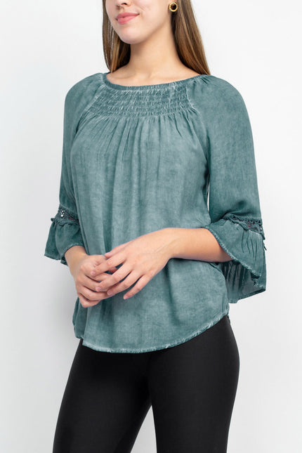 Floral + Ivy Round Neck 3/4 Sleeve Ruched Neck Rayon Top by Curated Brands