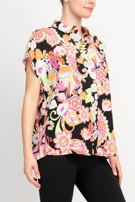 Floral & Ivy Floral Top - Versatile Black Red Yellow Mixed Jersey Knit Top by Curated Brands