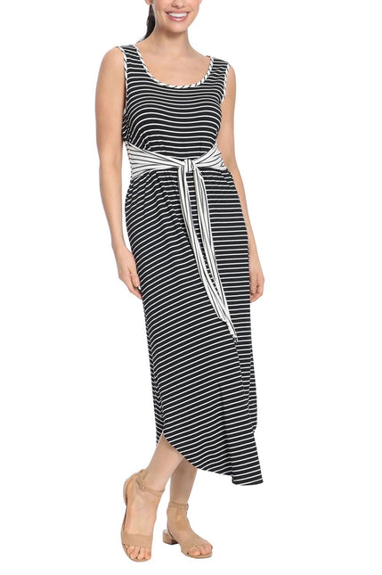 London Times Scoop Nek Sleeveless Tie Waist Stripe Print Rayon Maxi Jersey Dress by Curated Brands